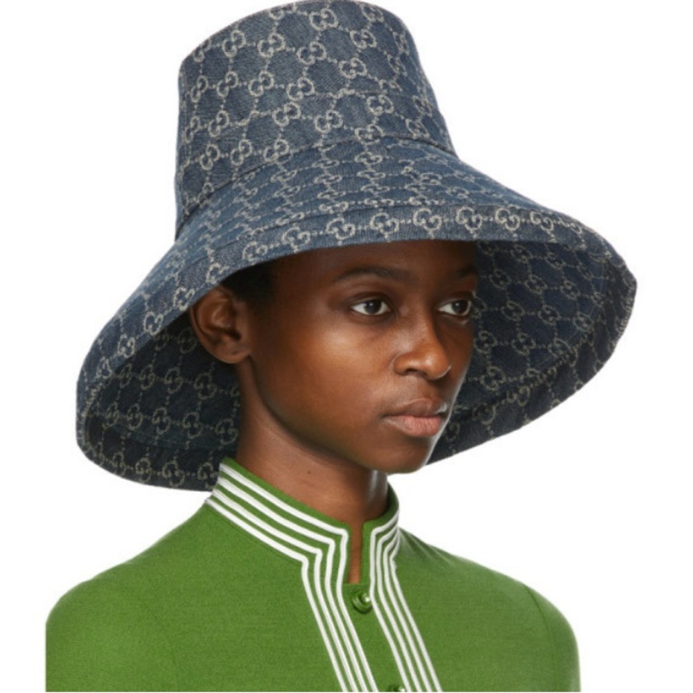 Gucci Bucket Hat GG Monogram Wide Large Brim Jacquard Canvas Denim New - Picture 9 of 11